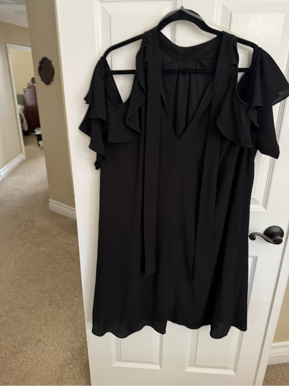 Cold-Shoulder Black Women's Dress with Ruffle Sleeves and V-Neck